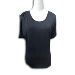 Red Haute Lace Panel Blouse Short Sleeve Slit Scoop Neck Soft Blend Black S NWOT